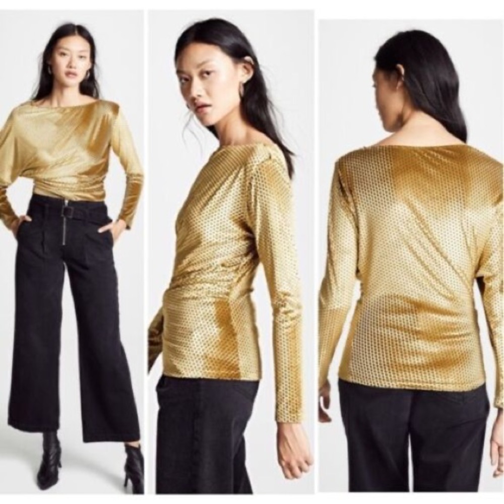 RACHEL COMEY gold velvet small top 
Bateau Neckline Long Sleeve Top
Size: US 2